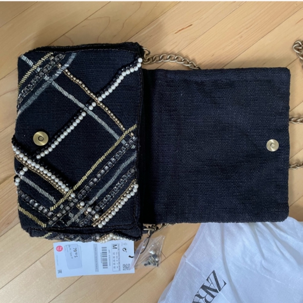 NWT Zara Embellished Evening Bag Black Gold Pearl Purse - Picture 6 of 6